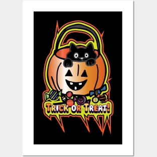 Cute Black Cat Trick or Treat Pumpkin Posters and Art